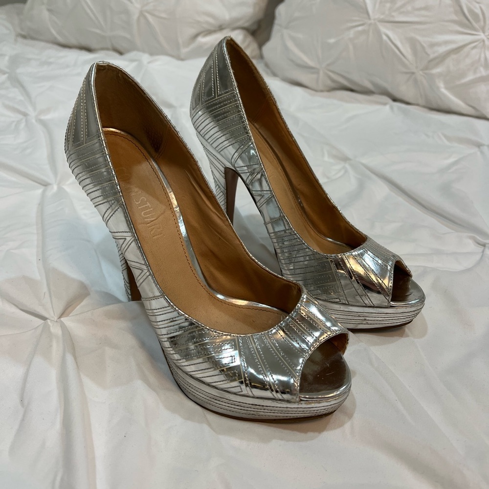 Chrome Silver Stitched Pattern Platform Peep Toe Party Heels